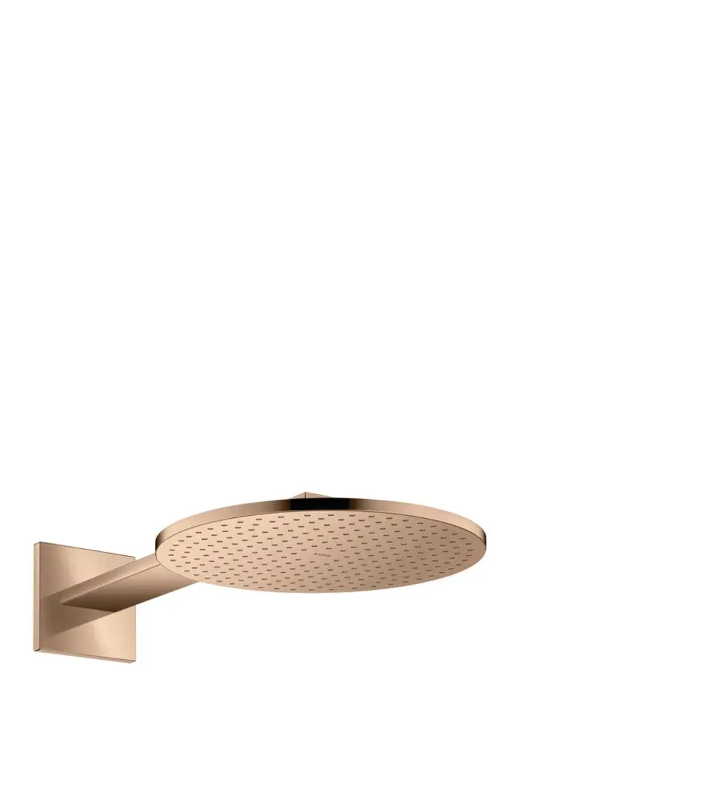 Wandmontierte Kopfbrause in Polished Red Gold mit senkrechtem Brausearm von AXOR, runde Oberfläche mit gleichmäßig angeordneten Wasserlöchern.